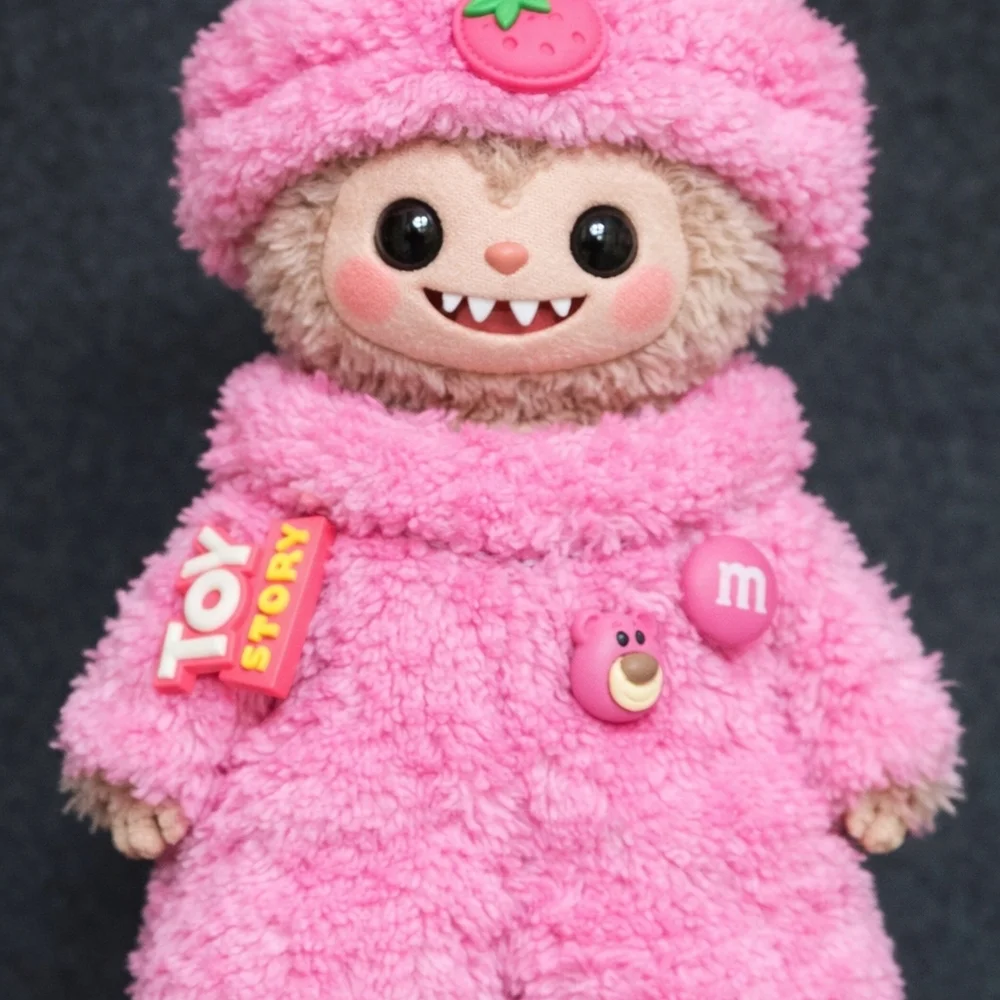 Labubu Fashion DOLL NOT INCLUDED Cute FUZZZY PINK SWEATER with Strawberry Hat